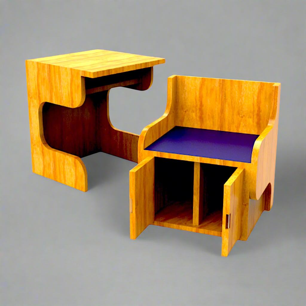 Wooden Study Table with Integrated Chair and Storage