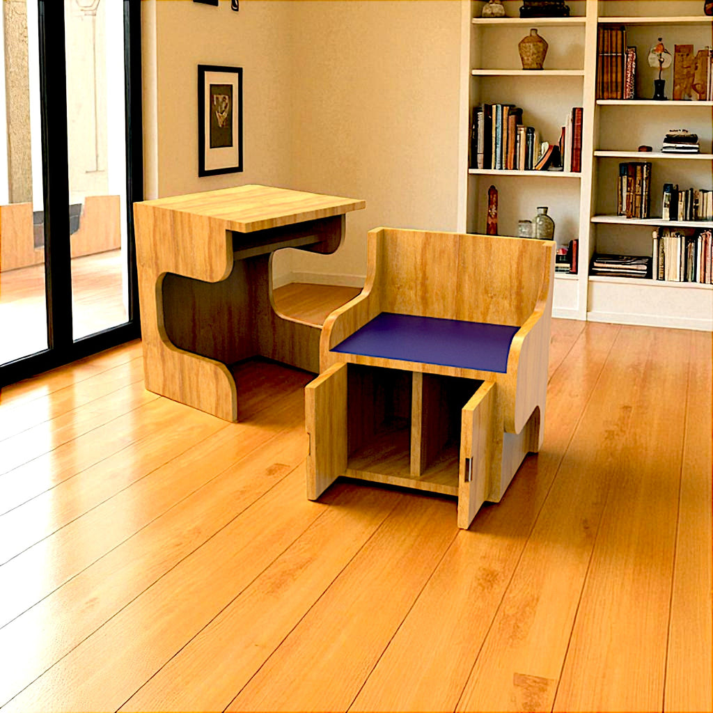 Wooden Study Table with Integrated Chair and Storage
