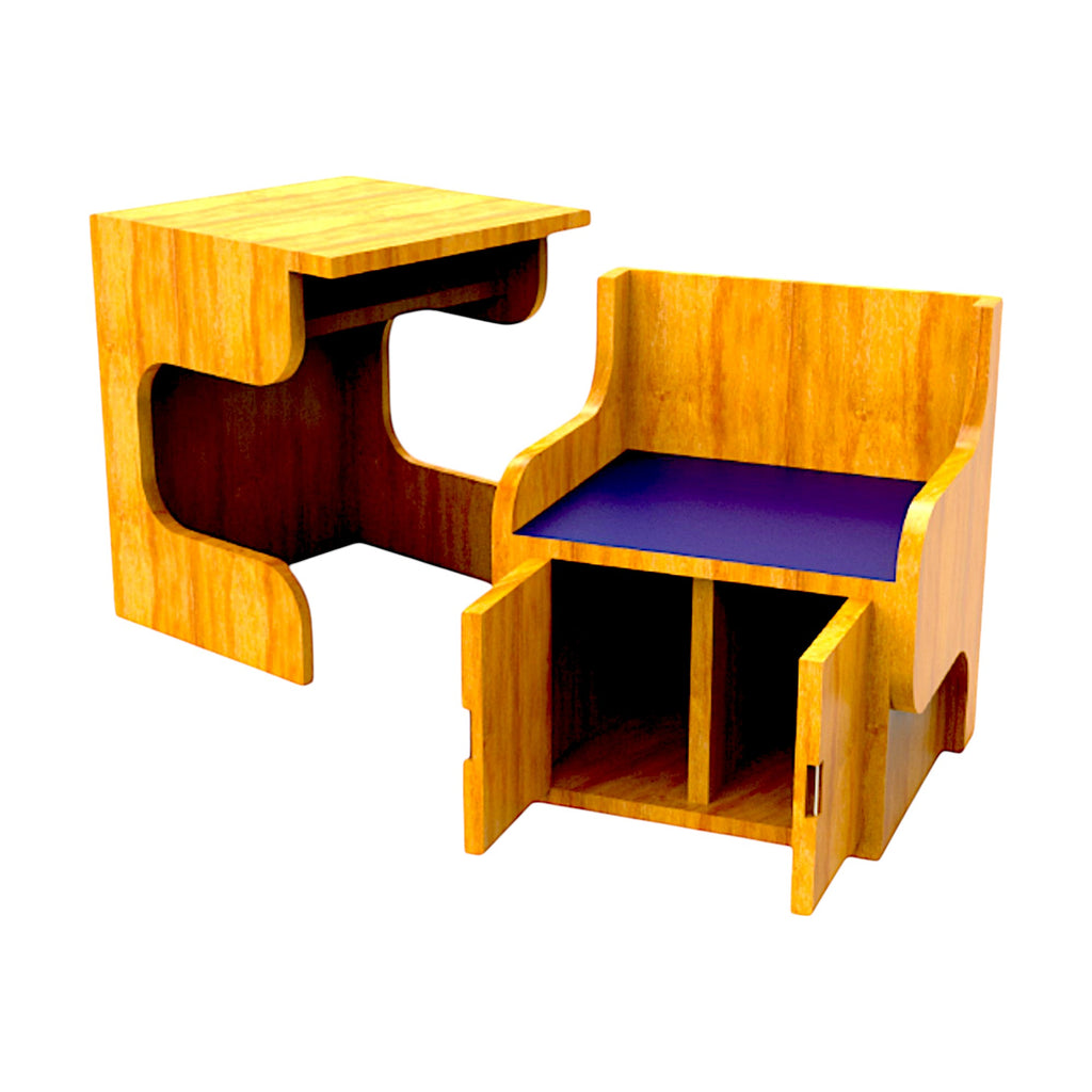 Wooden Study Table with Integrated Chair and Storage