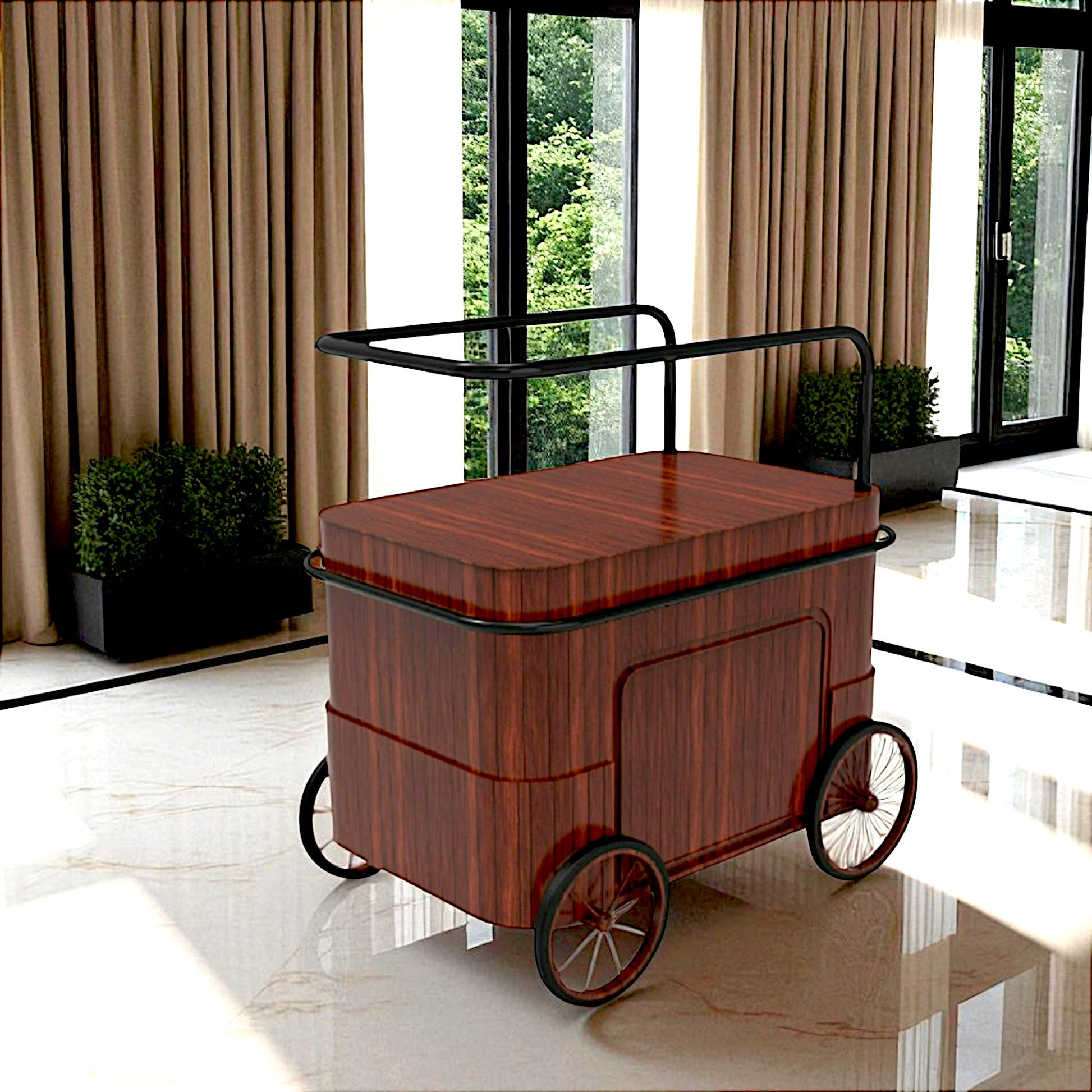 Elegant Metal Handle Wooden Tea Cart